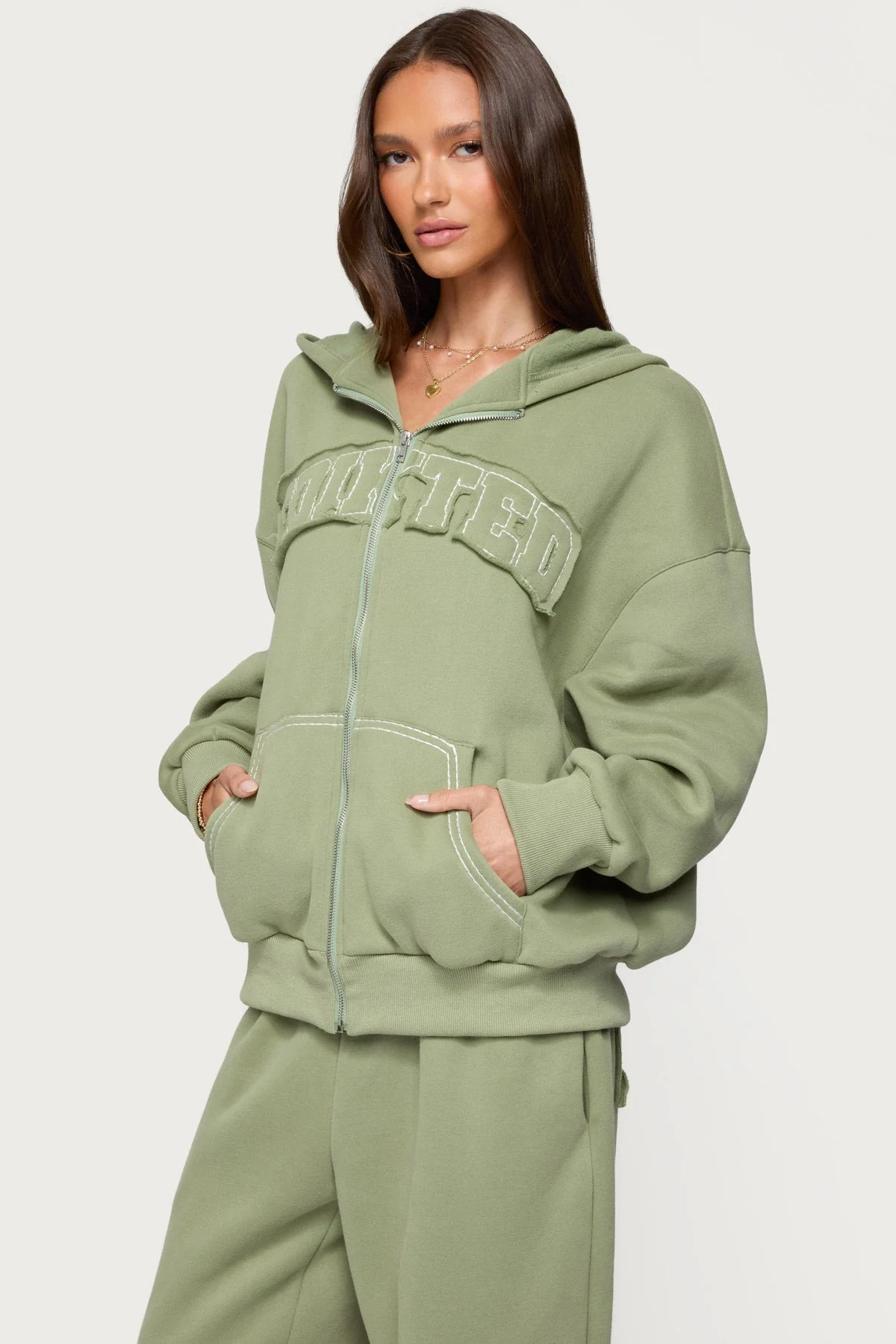 Olive Cross-Stitch Oversized Hoodie