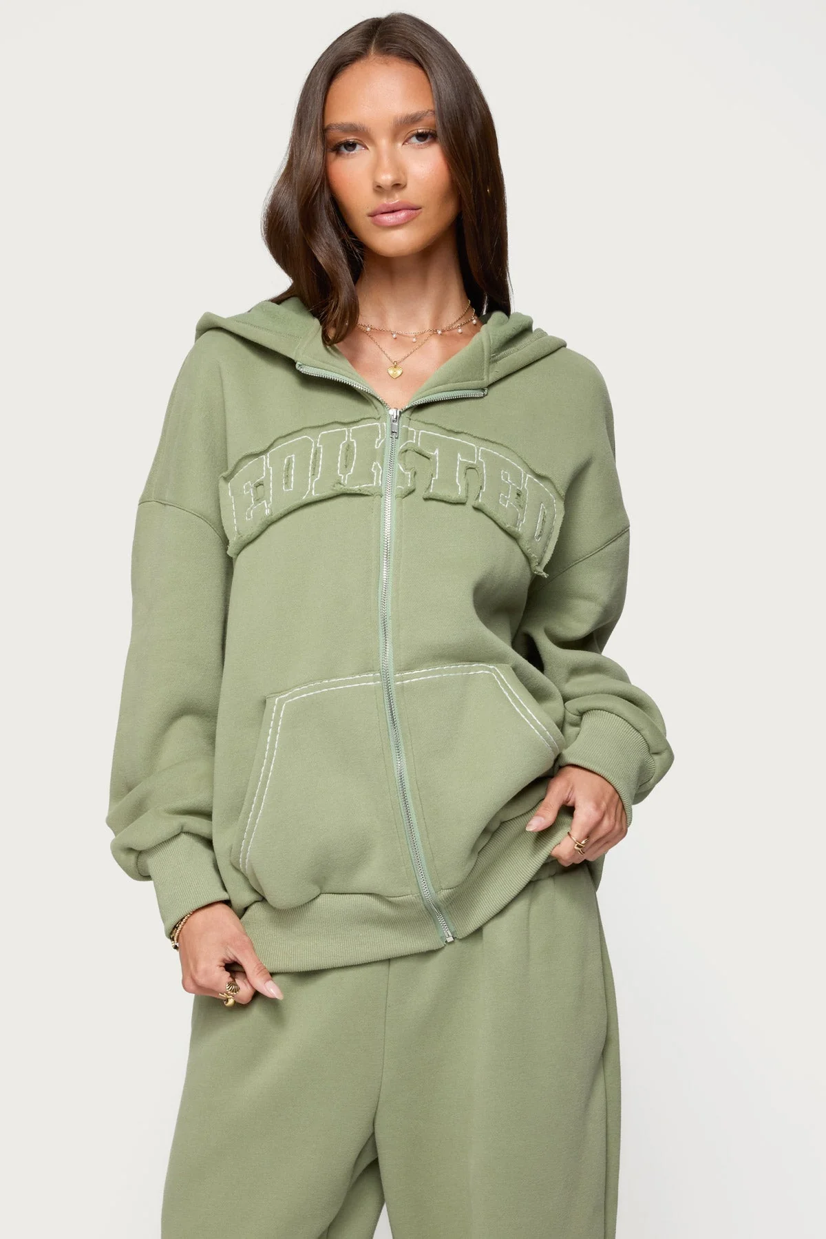 Olive Cross-Stitch Oversized Hoodie