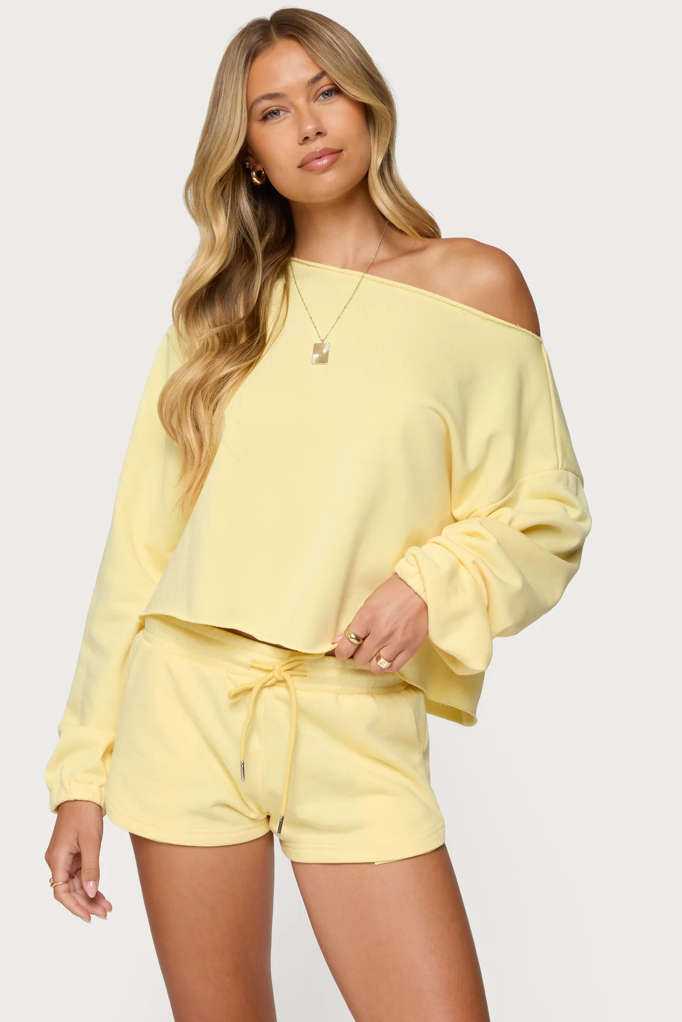 Yellow Off Shoulder Sweatshirt Womens Rolled Edges Set