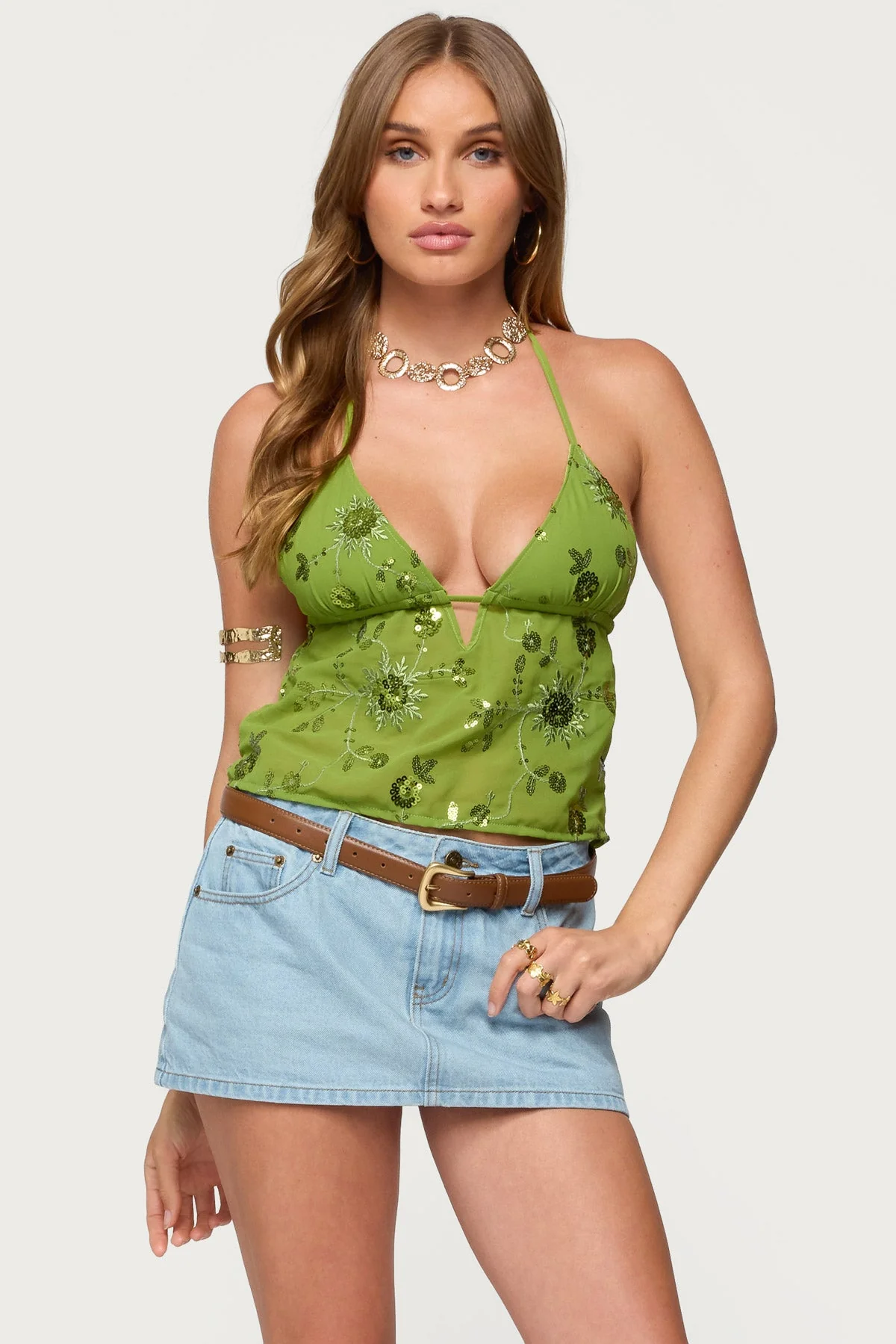 Sequin Floral Chiffon Halter Top in Green for Women