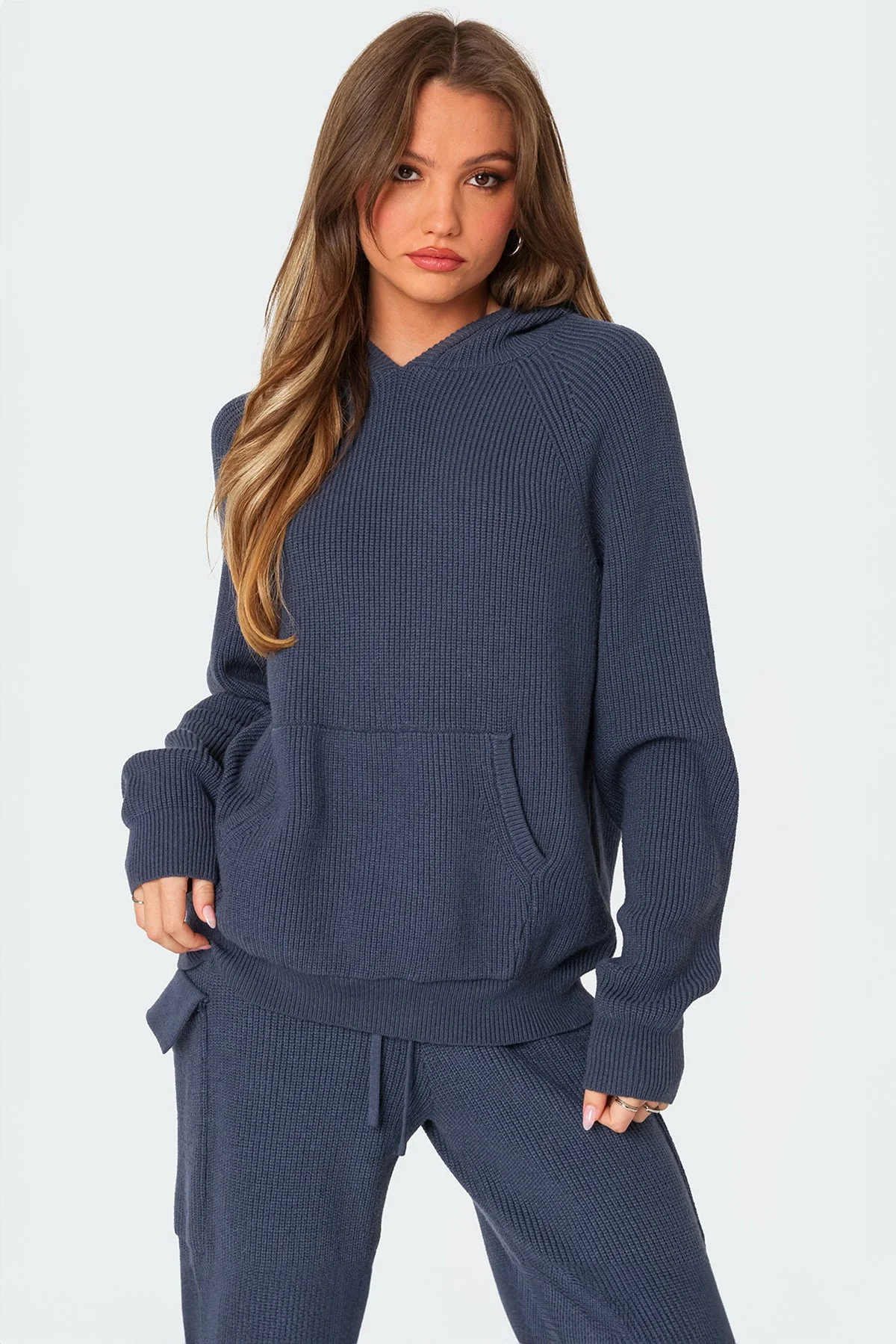 Cozy Blue Knit Oversized Hoodie