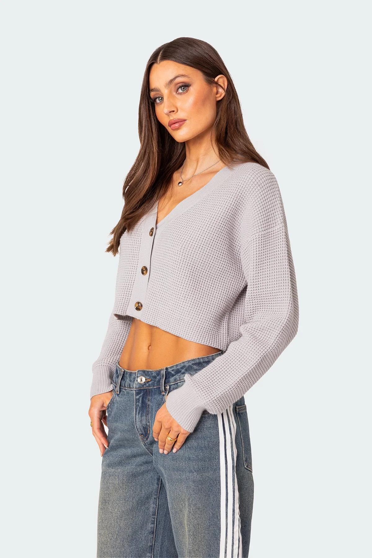Gray Waffle Knit Cropped Cardigan