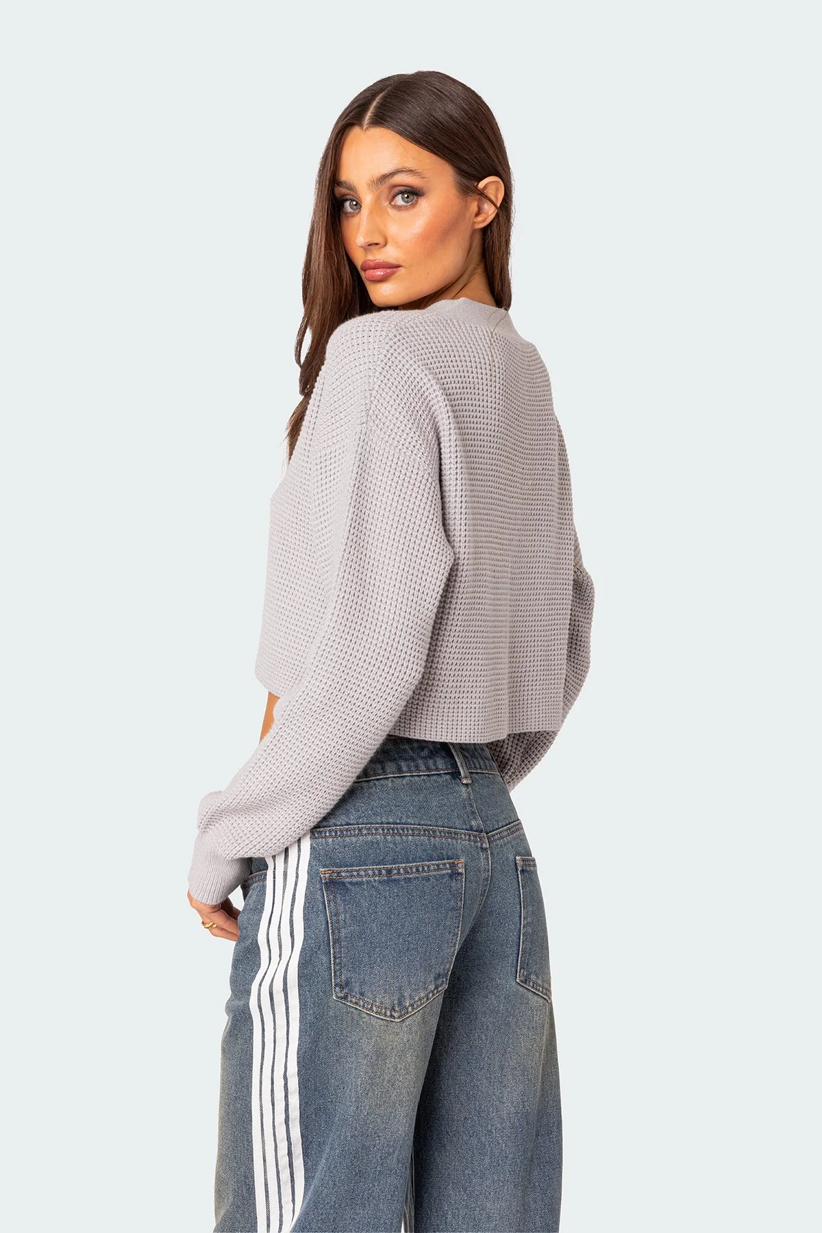 Gray Waffle Knit Cropped Cardigan