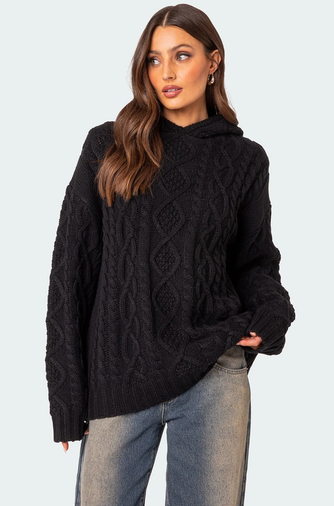 Black Cable Knit Hoodie Sweater