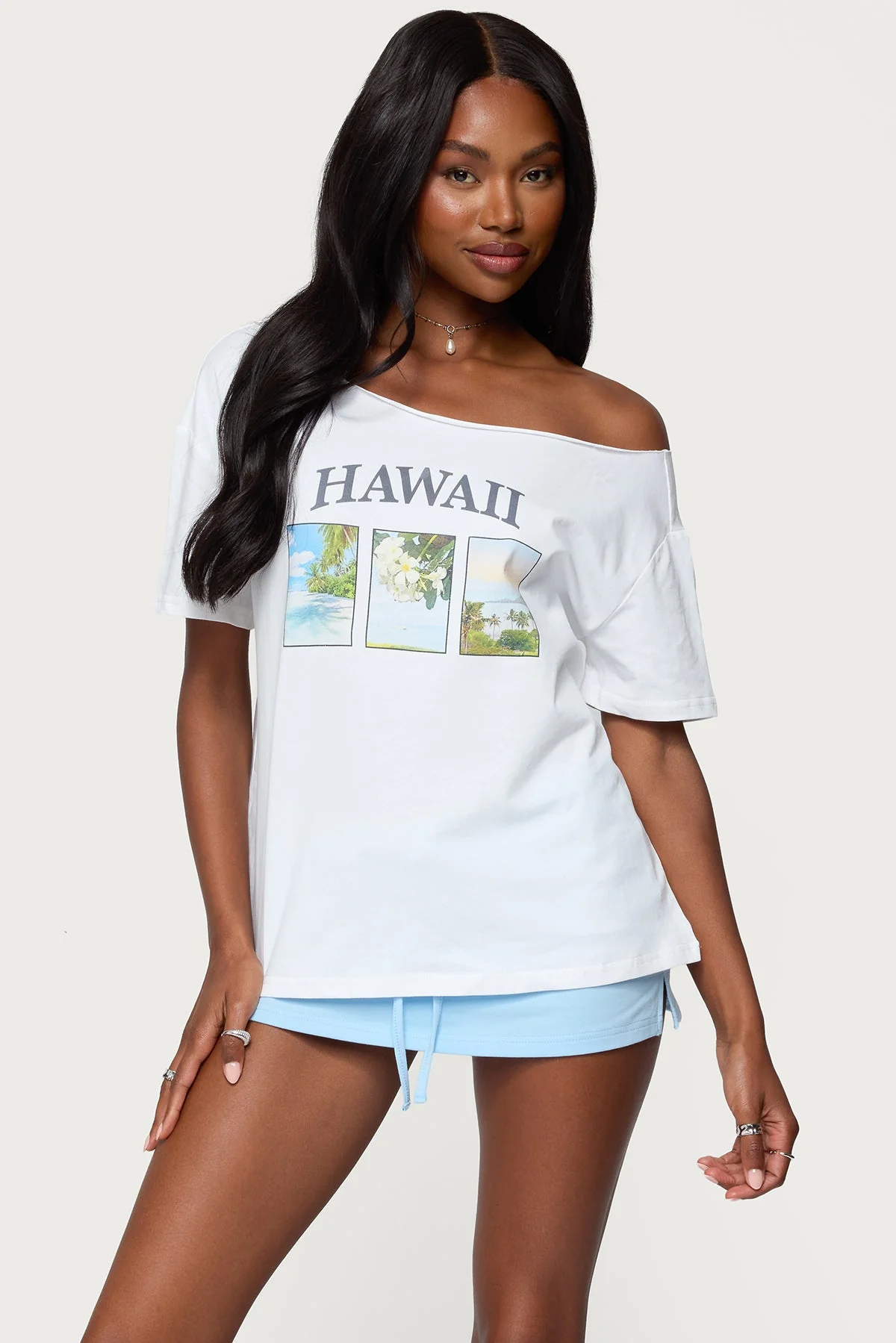 White Hawaiian Graphic Off Shoulder T-Shirt