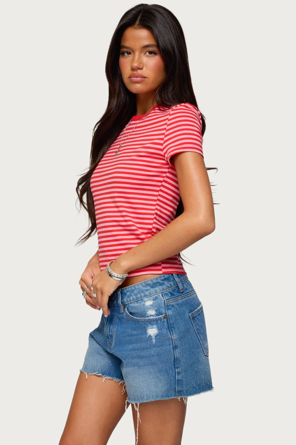 Striped Cotton T-Shirt in Red and Pink - XS-XL Sizes