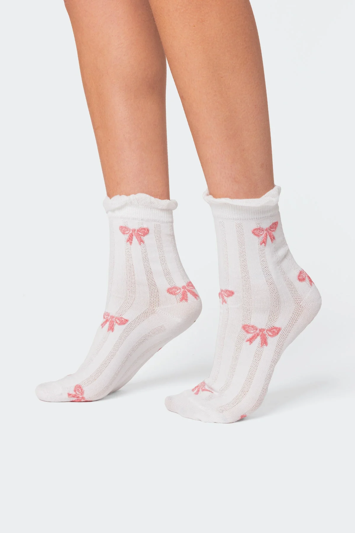 White Bow Detail Socks - Ruffle Hem Cotton Spandex Blend