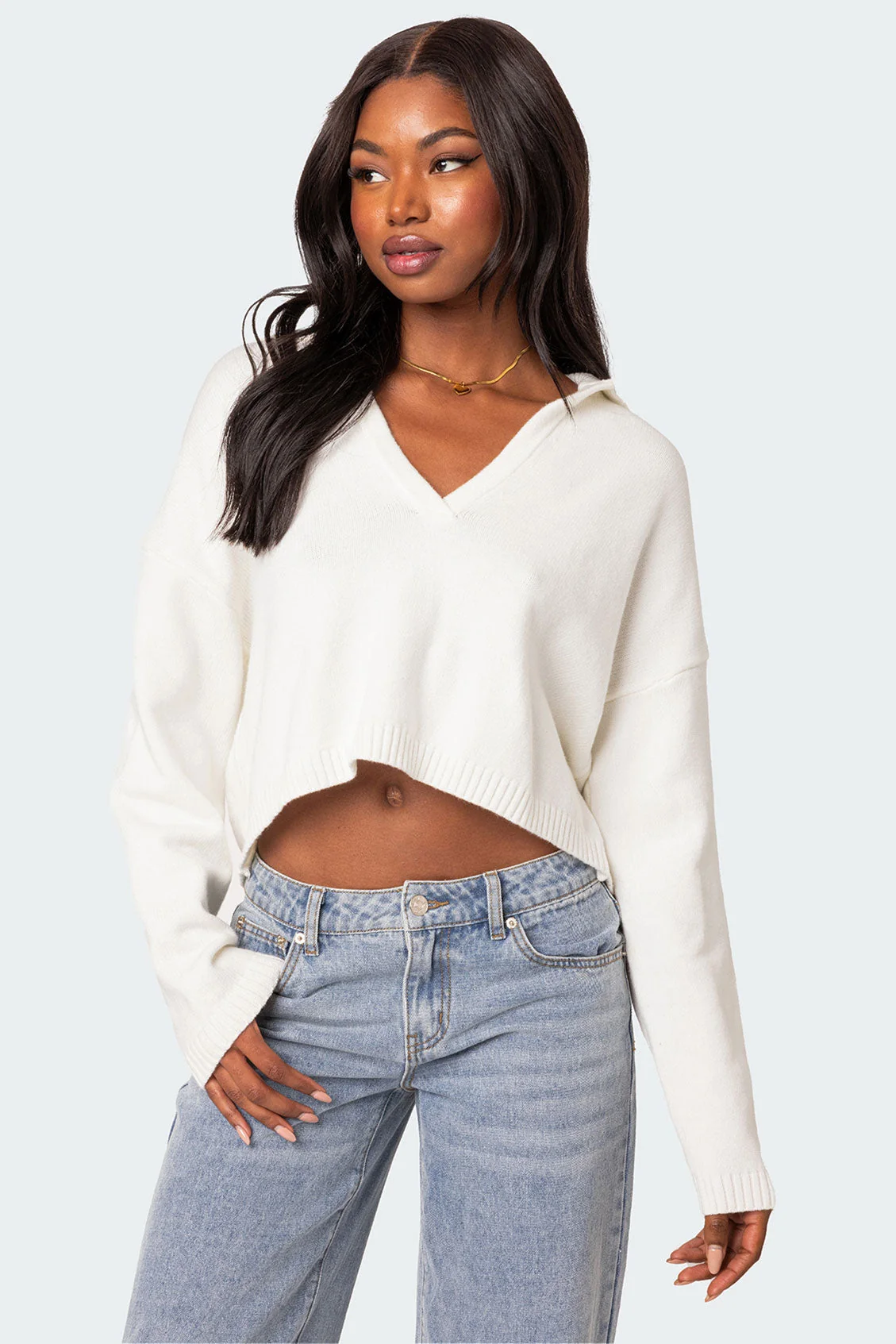 Cream Oversized V-Neck Cropped Sweater