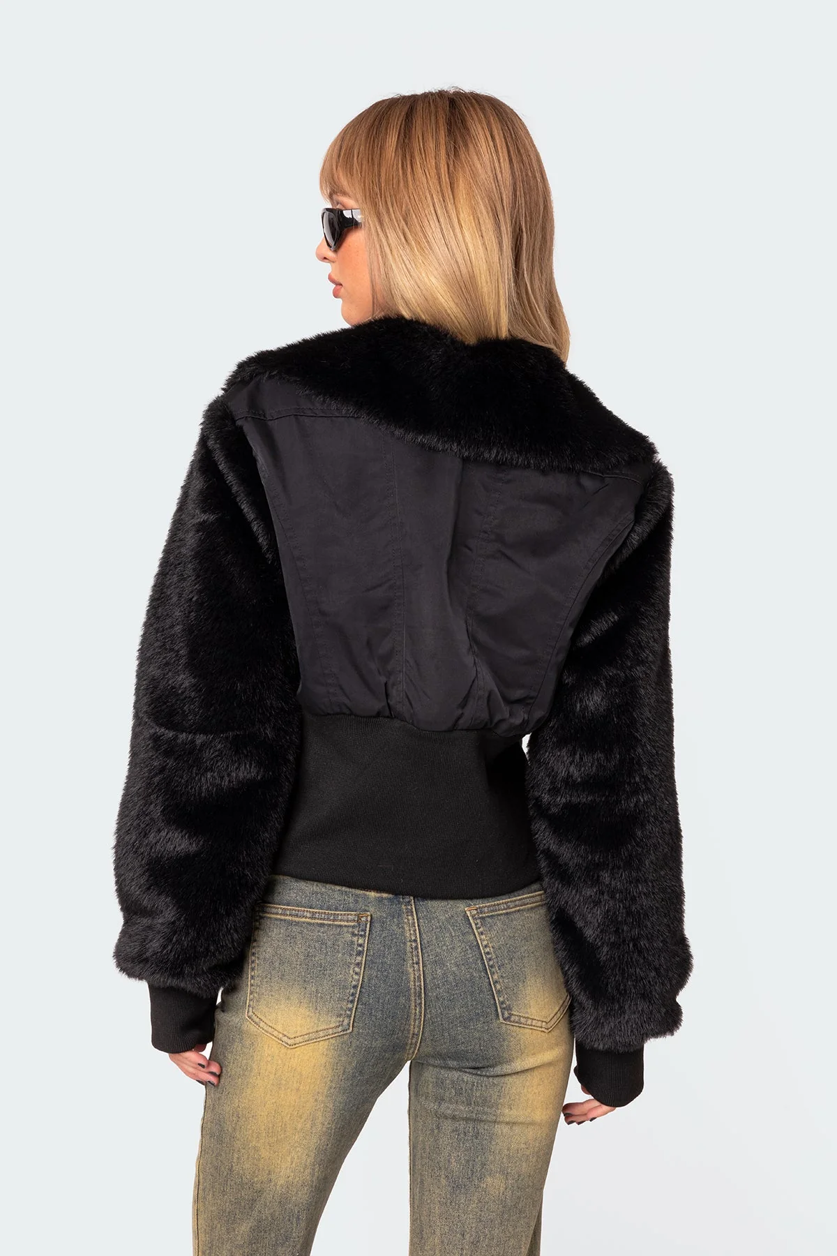 Black Faux Fur Nylon Jacket - Stylish Outerwear for Women