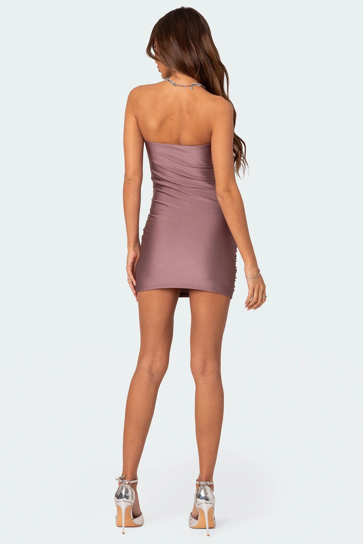Mauve Strapless Shiny Mini Dress for Evening Wear