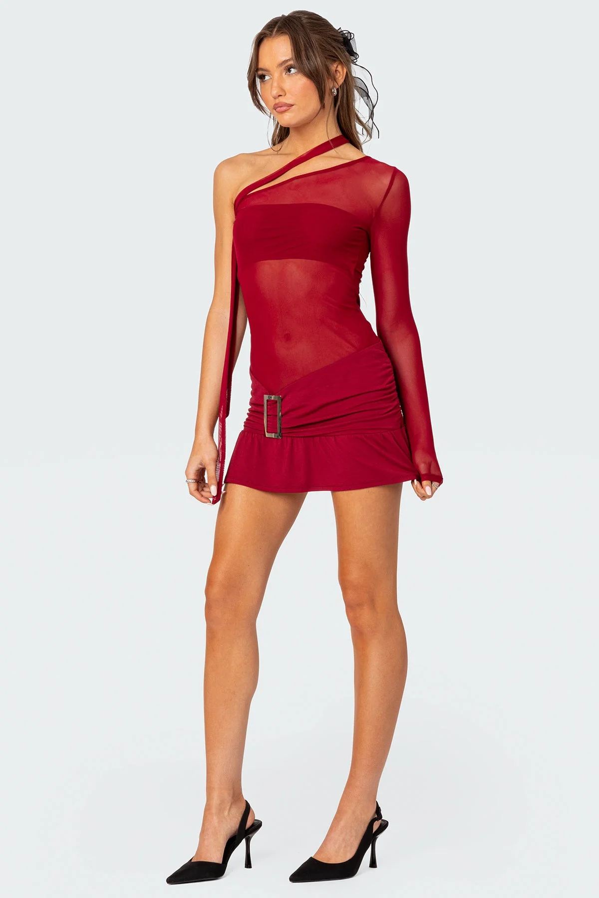 Red Sheer Mesh One Shoulder Mini Dress