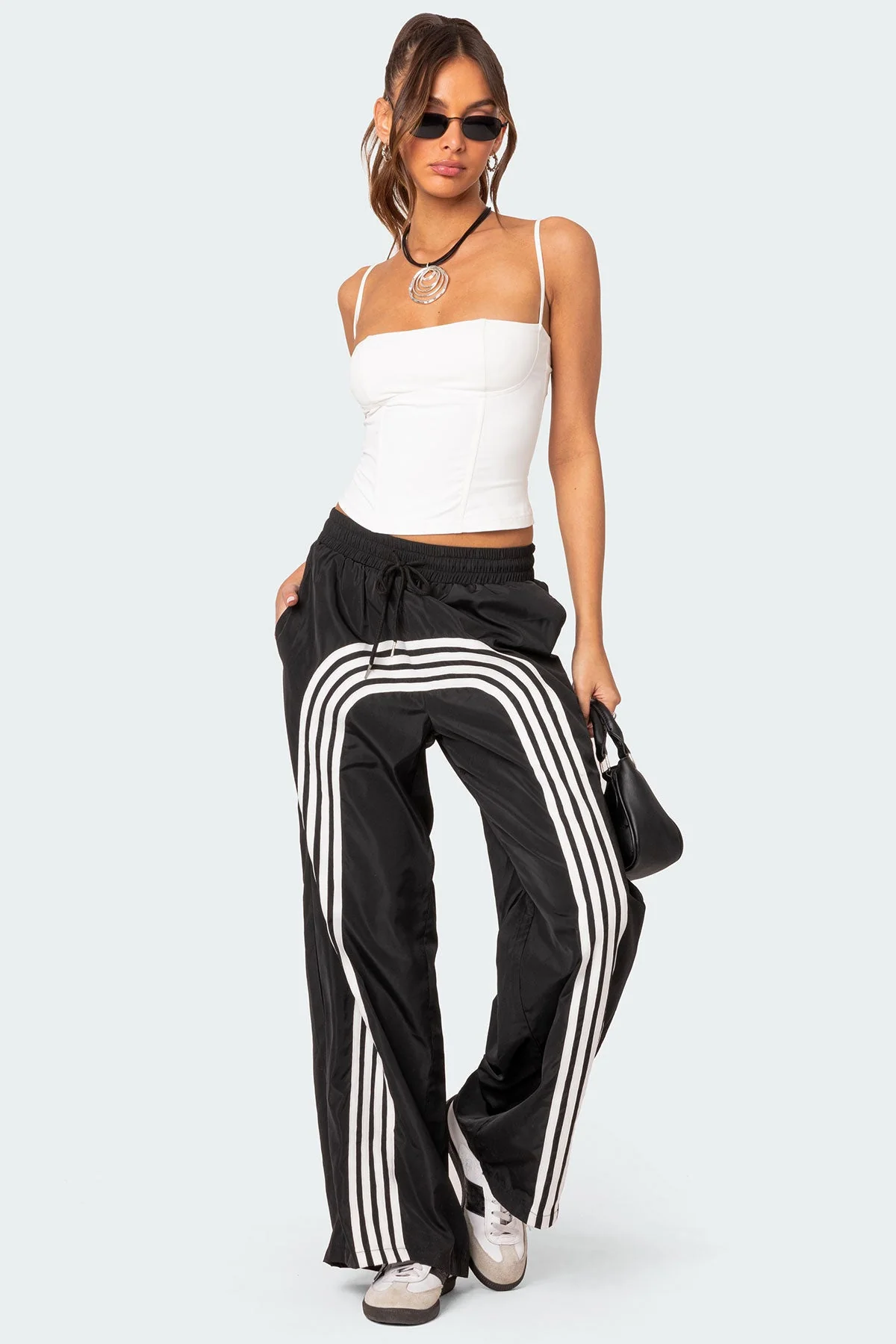 Striped Nylon Track Pants Black and White Adjustable Waist