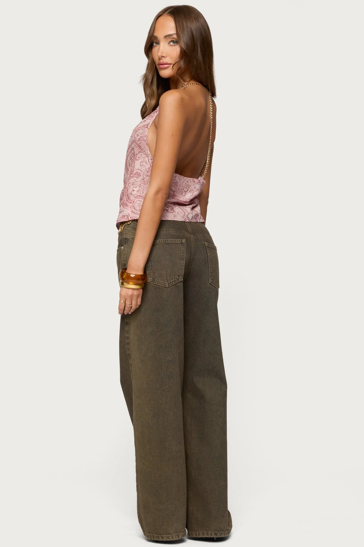 Pink Printed Halter Cowl Neck Top