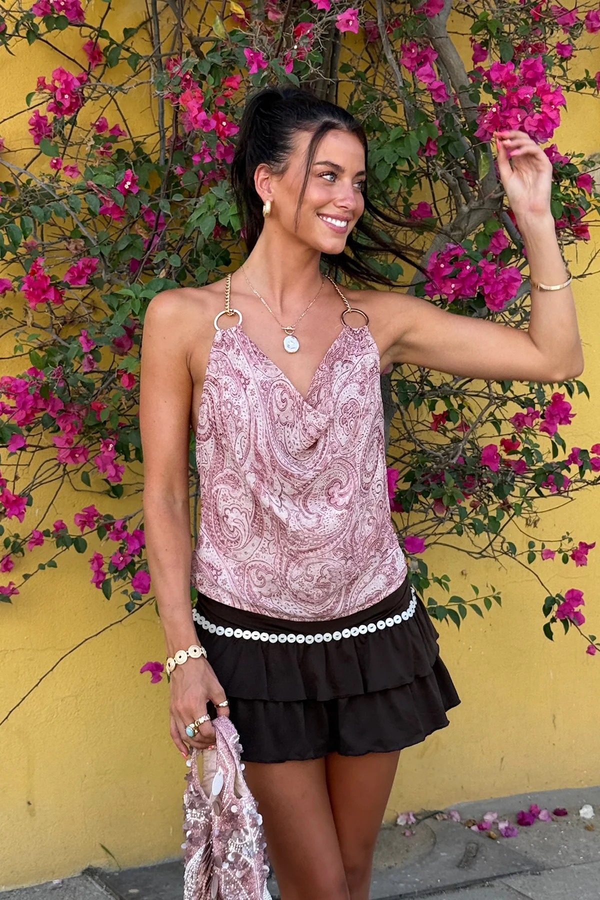 Pink Printed Halter Cowl Neck Top