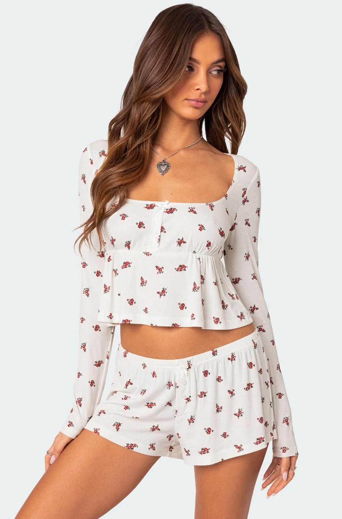 Floral Ribbed Sleepwear Top in White - Long Sleeves