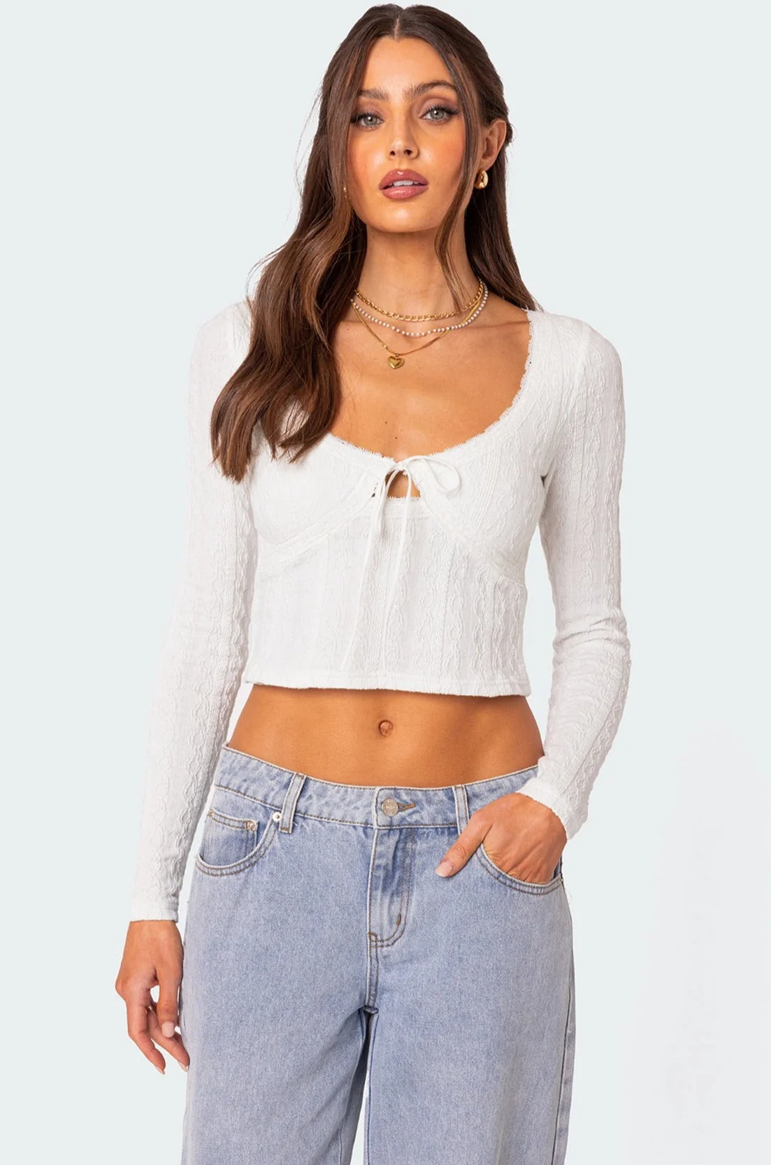 White Lacey Knit Top for Women - Elegant Long Sleeve Scoop Neck