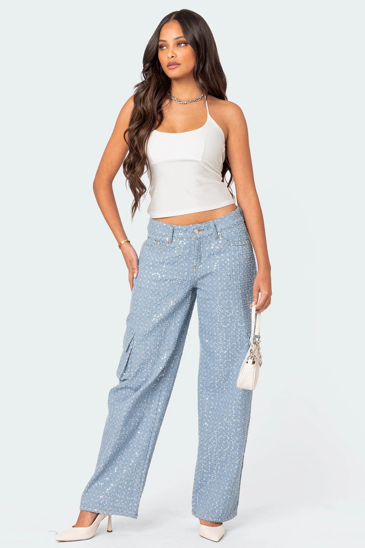 Sequin Cargo Denim Jeans - Low Rise Blue Pants