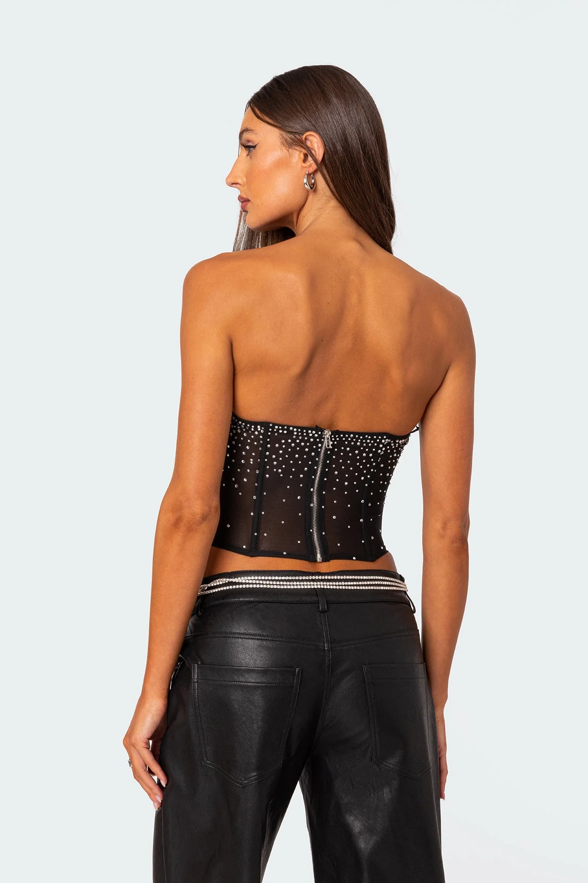 Black Sheer Rhinestone Corset Top