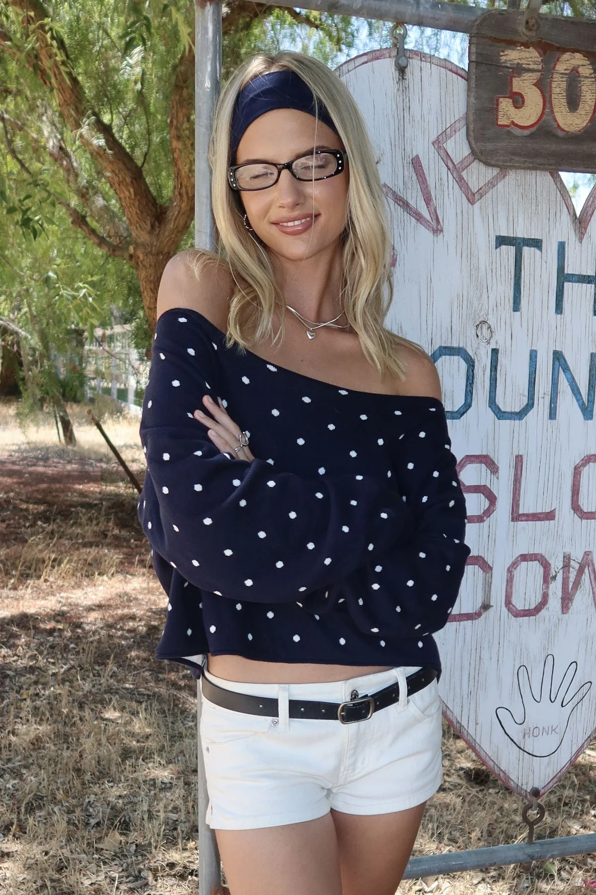Navy Polka Dot Off Shoulder Sweater