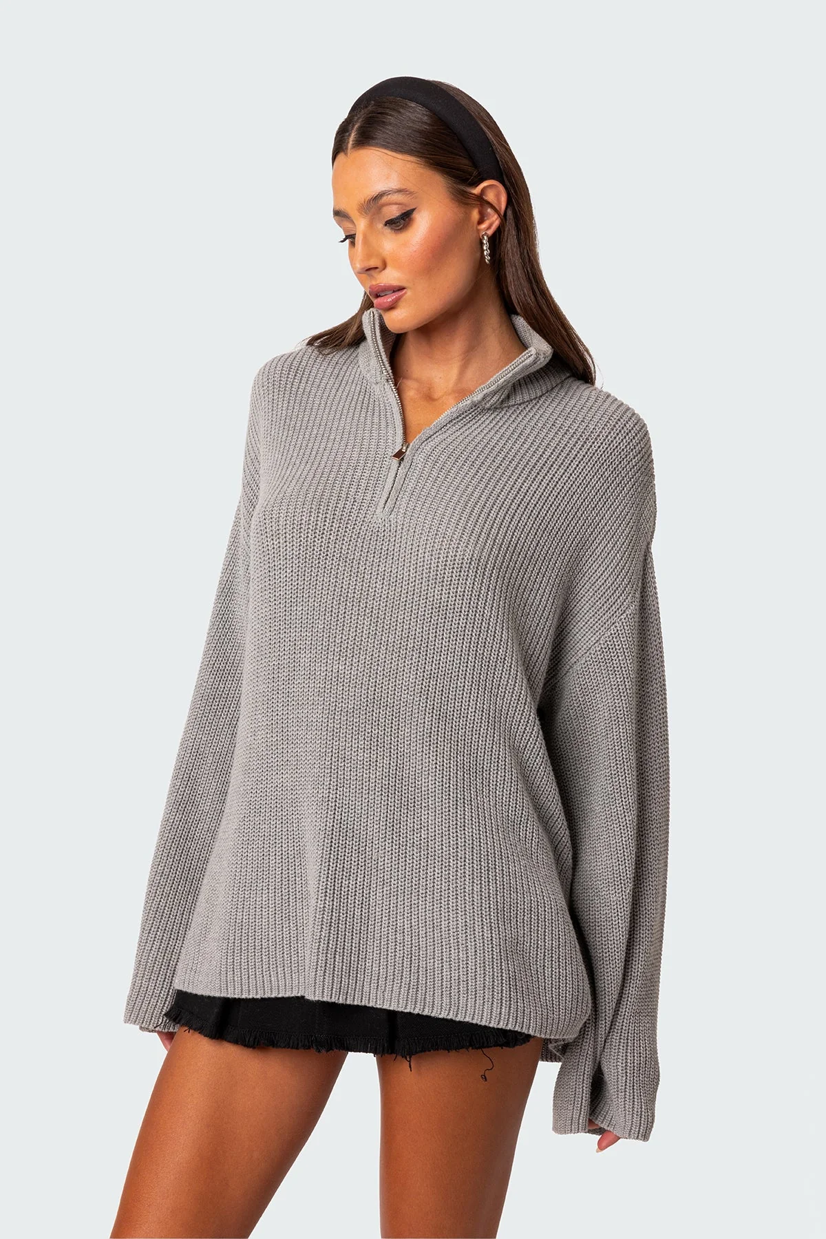 Cozy Gray Melange Oversized Zip Sweater