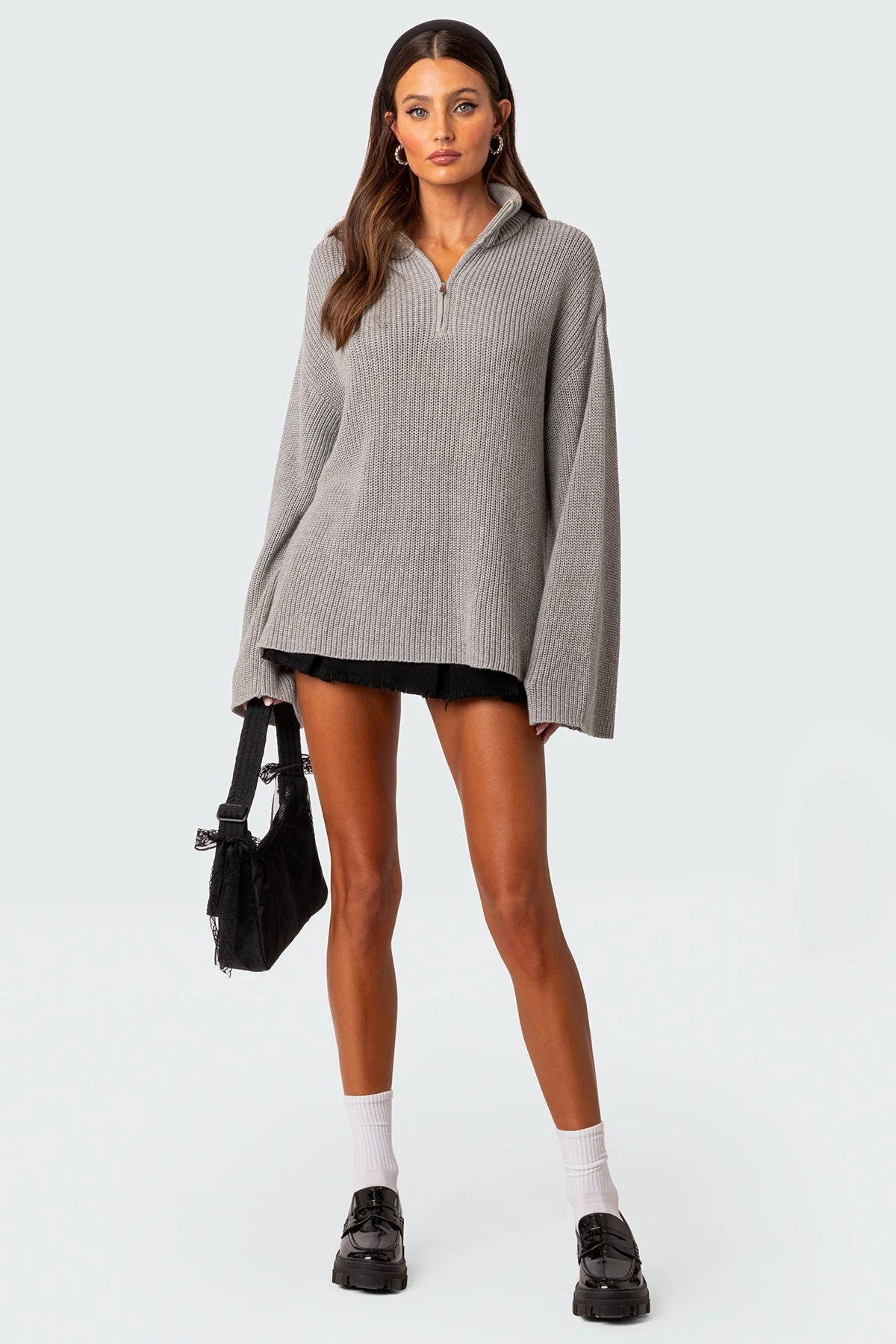 Cozy Gray Melange Oversized Zip Sweater