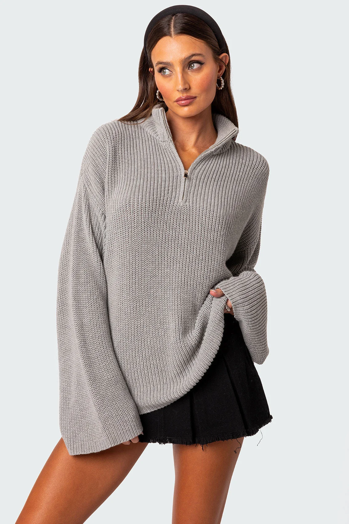 Cozy Gray Melange Oversized Zip Sweater