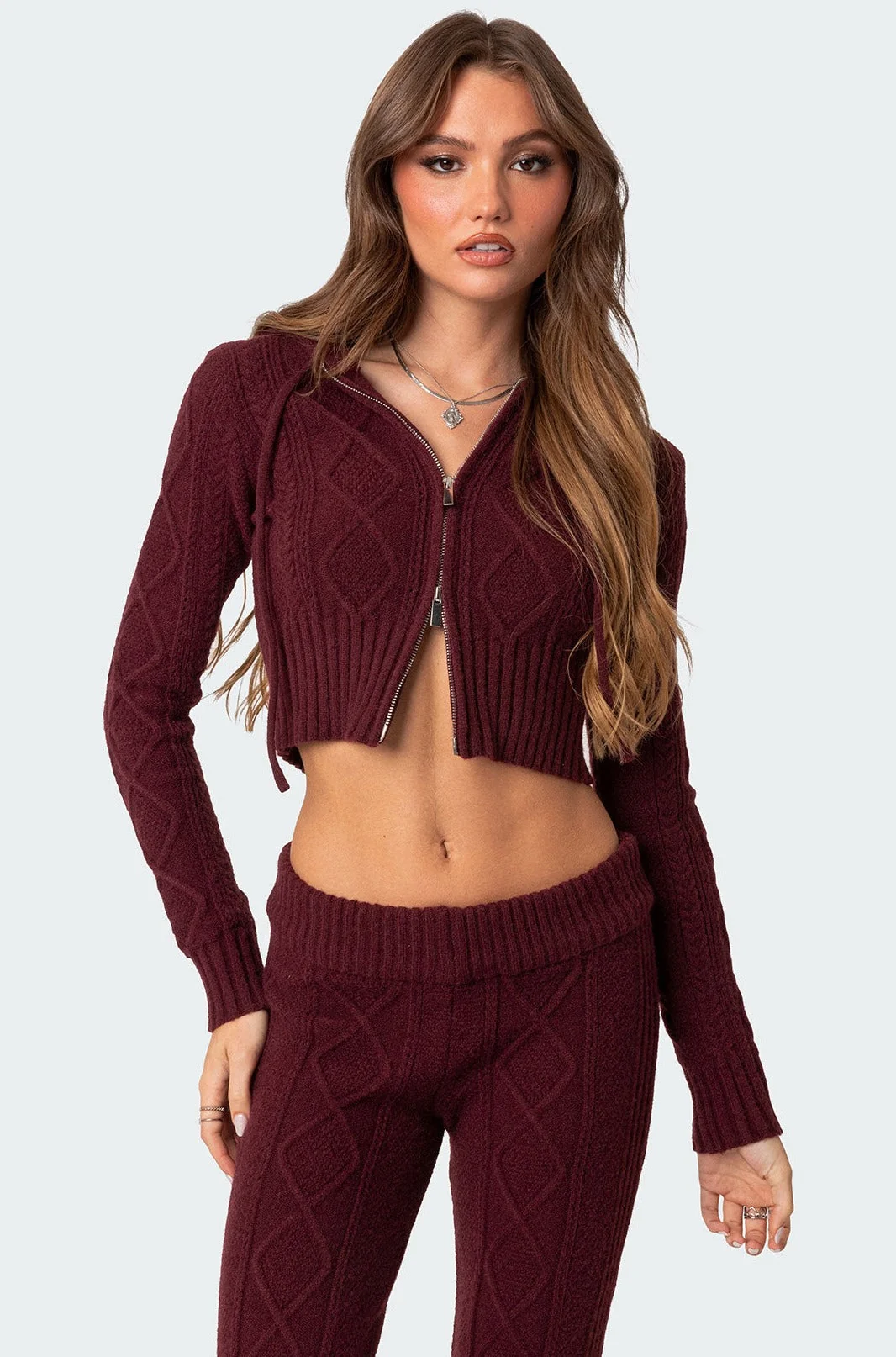 Burgundy Cable Knit Hooded Cardigan