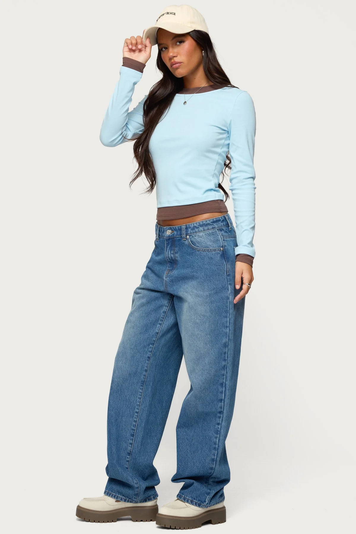 Layered Look Long Sleeve T-Shirt in Light Blue