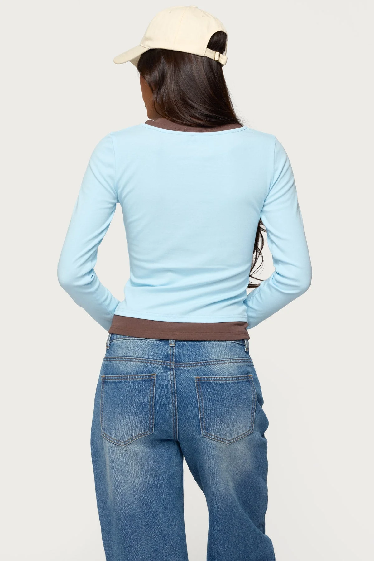 Layered Look Long Sleeve T-Shirt in Light Blue