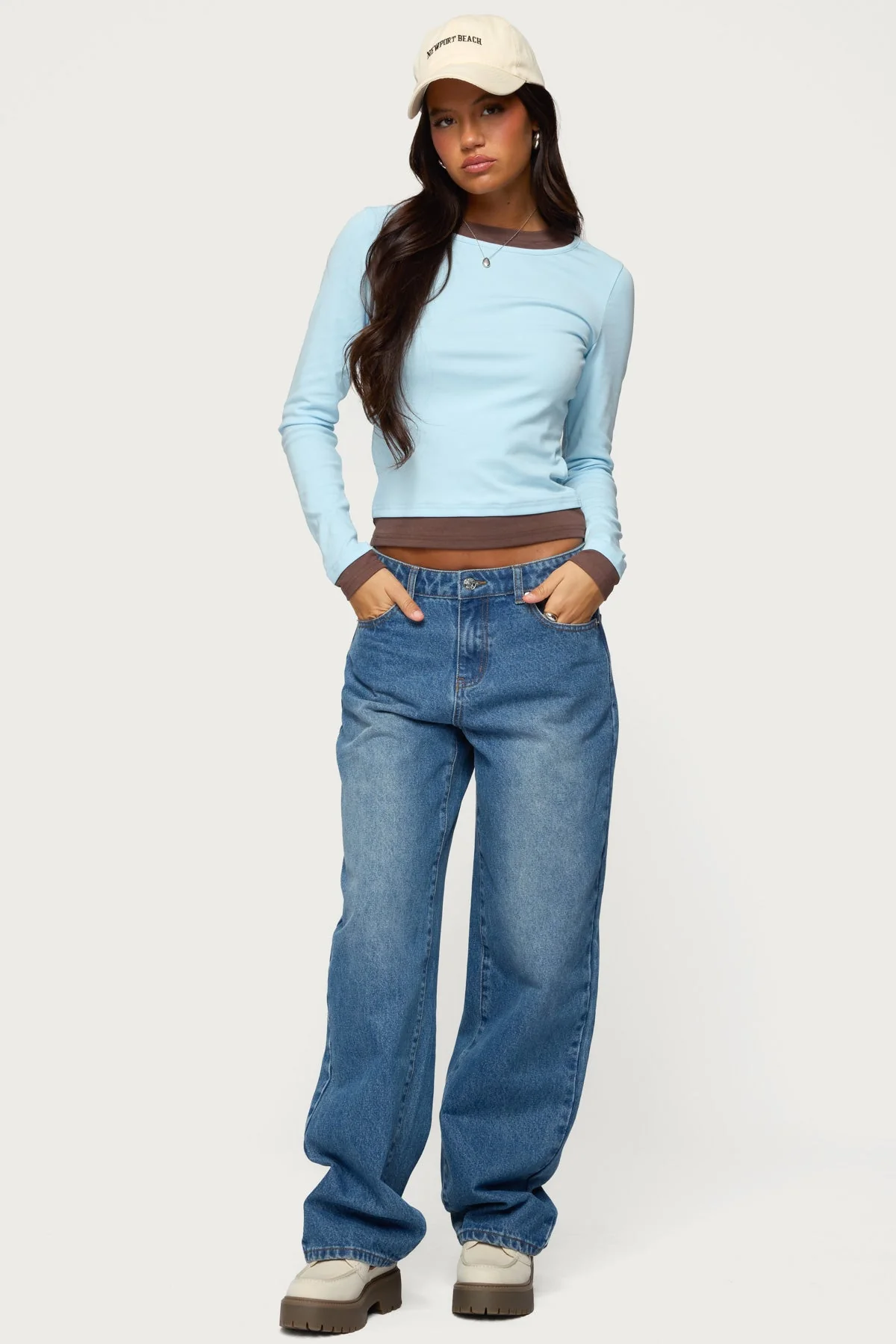 Layered Look Long Sleeve T-Shirt in Light Blue