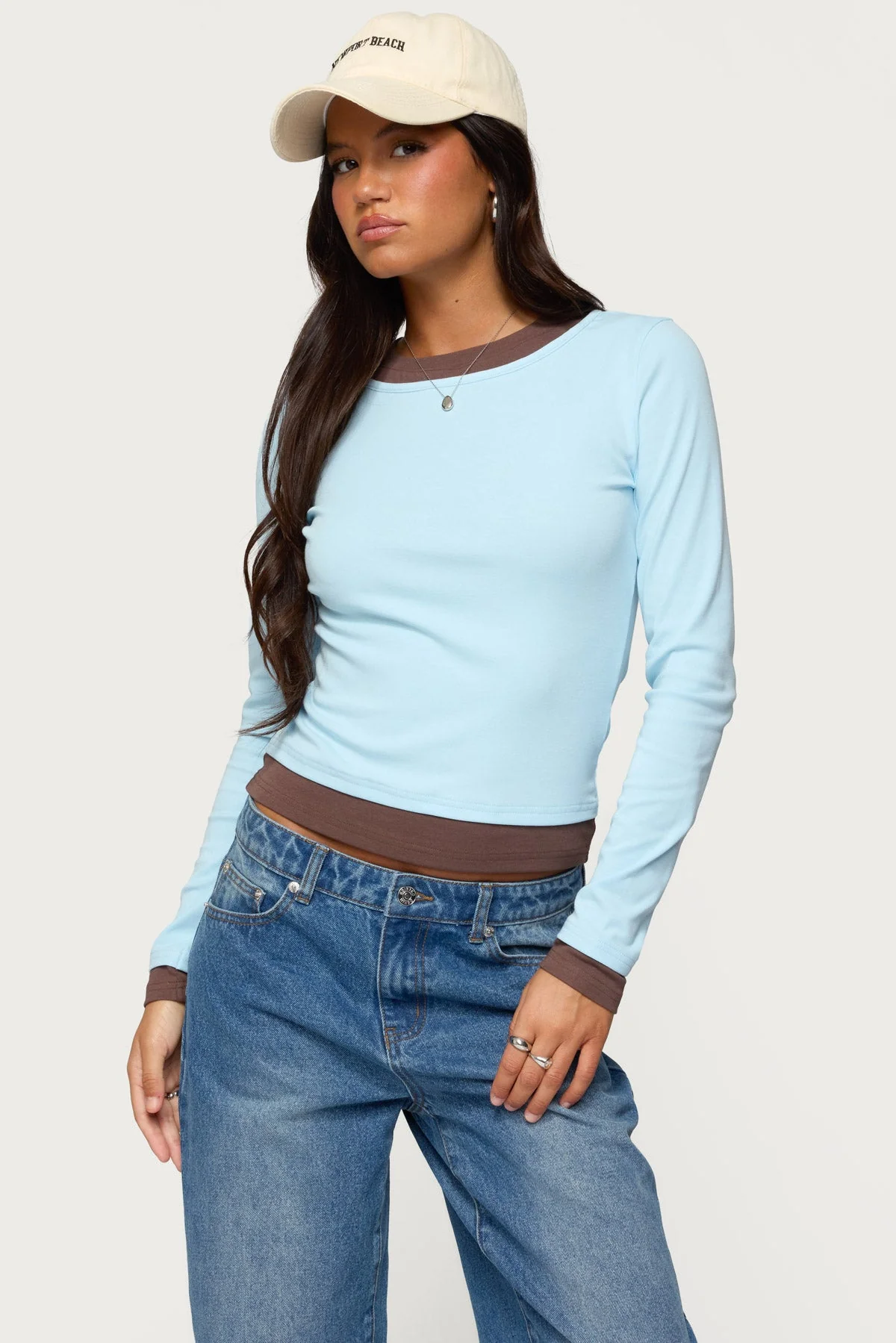 Layered Look Long Sleeve T-Shirt in Light Blue