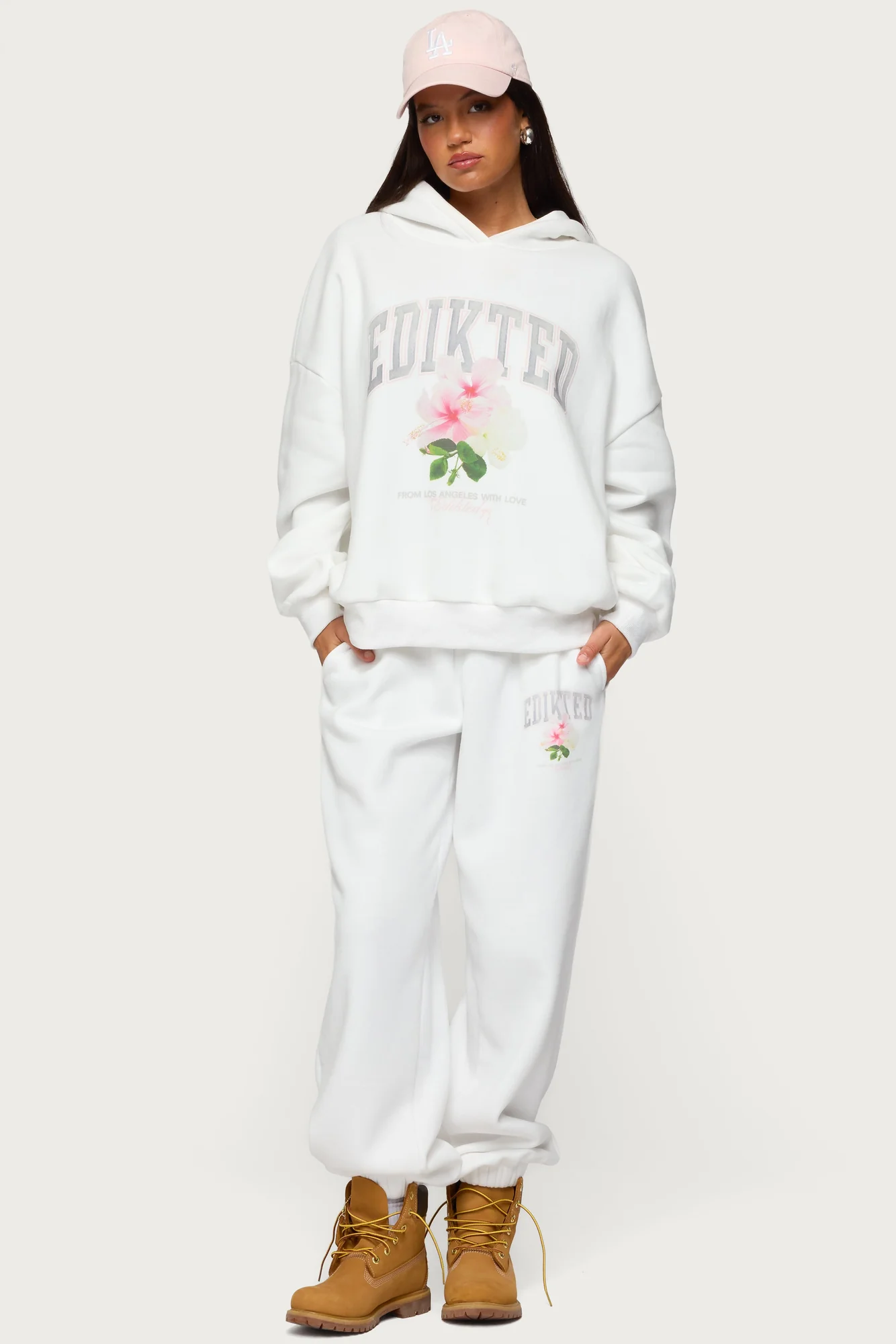 White Floral Print Sweatpants Set