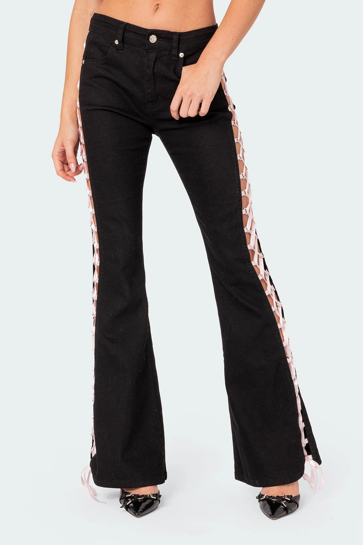 Black Lace Up Flared Denim Pants