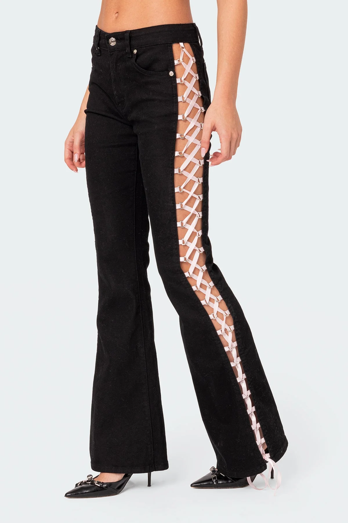 Black Lace Up Flared Denim Pants