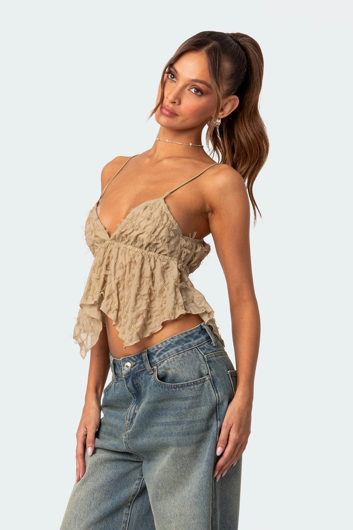 Flutter Frilled Olive Crop Top