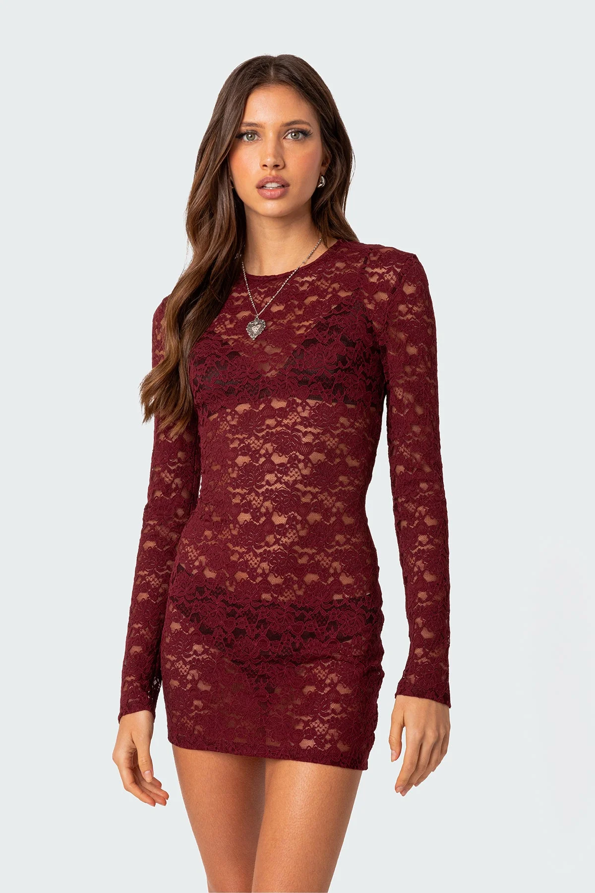 Burgundy Sheer Lace Mini Dress - Elegant Evening Wear