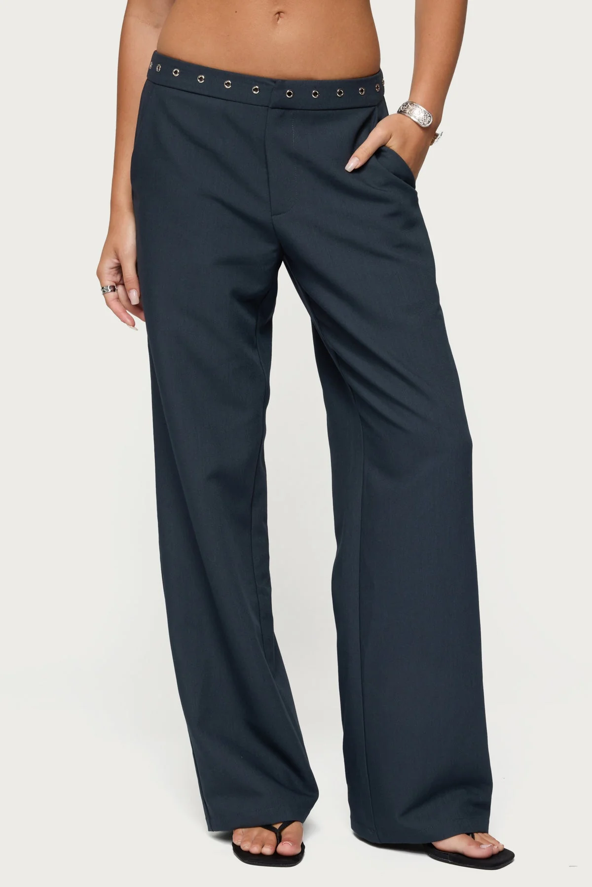 Dark Gray Eyelet Waist Straight Leg Pants