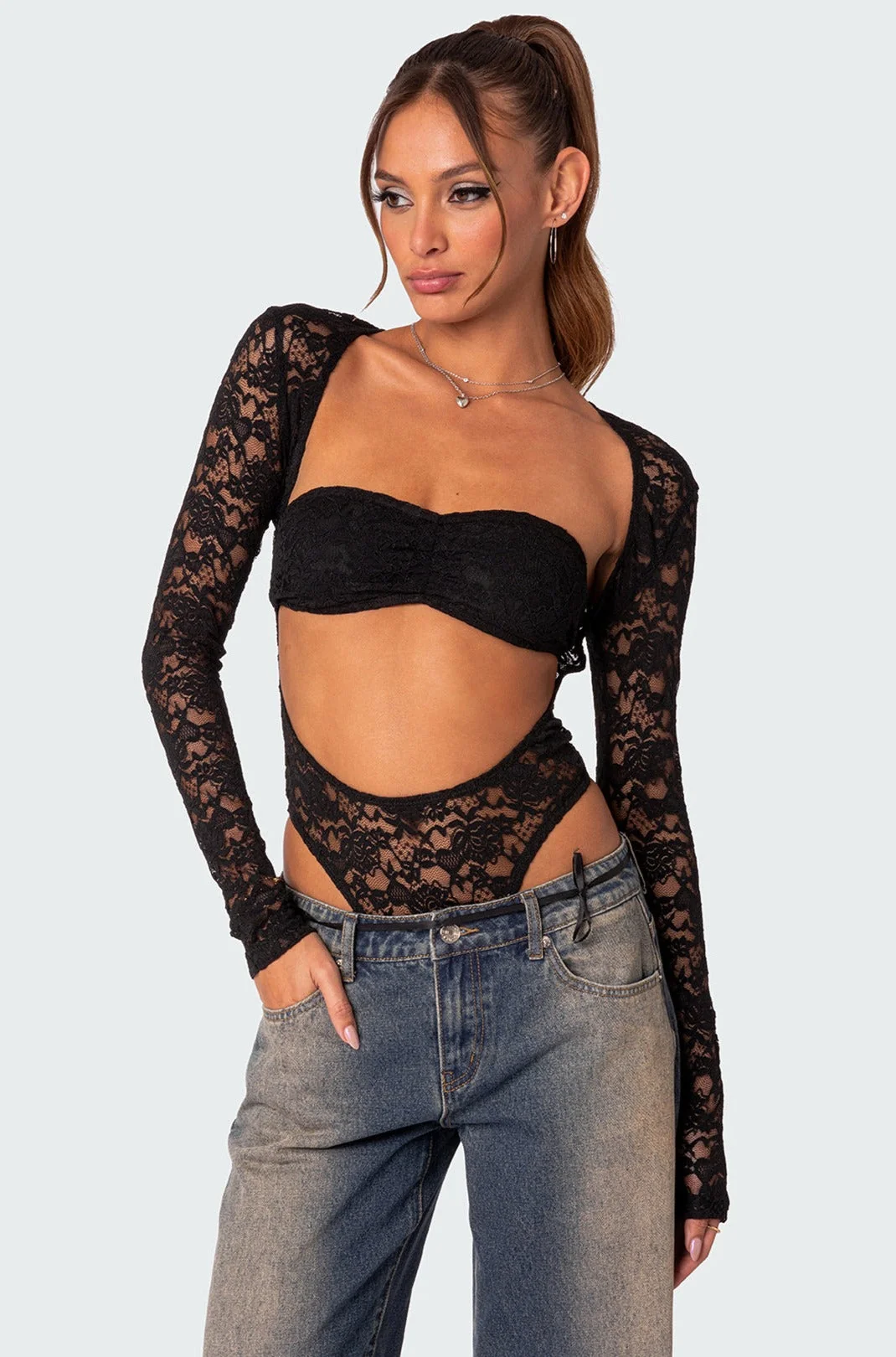 Sheer Lace Cut Out Two-Piece Bodysuit in Black