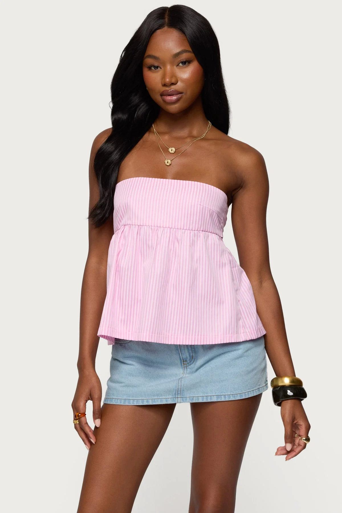 Light Pink Strapless Striped Babydoll Top