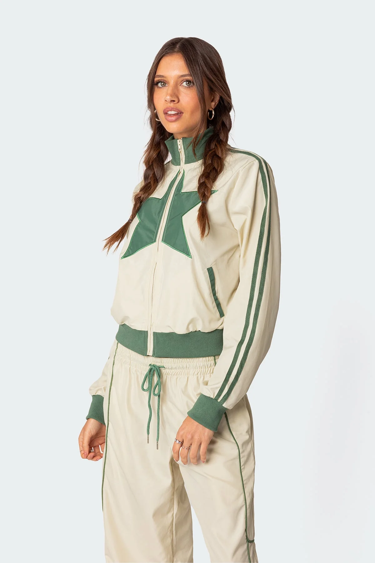 Nylon Zip Front Track Jacket Green and White Set