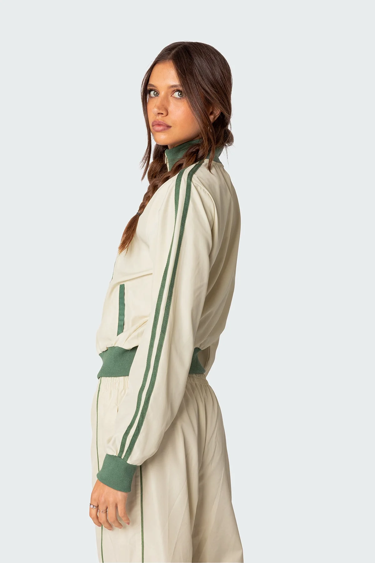 Nylon Zip Front Track Jacket Green and White Set