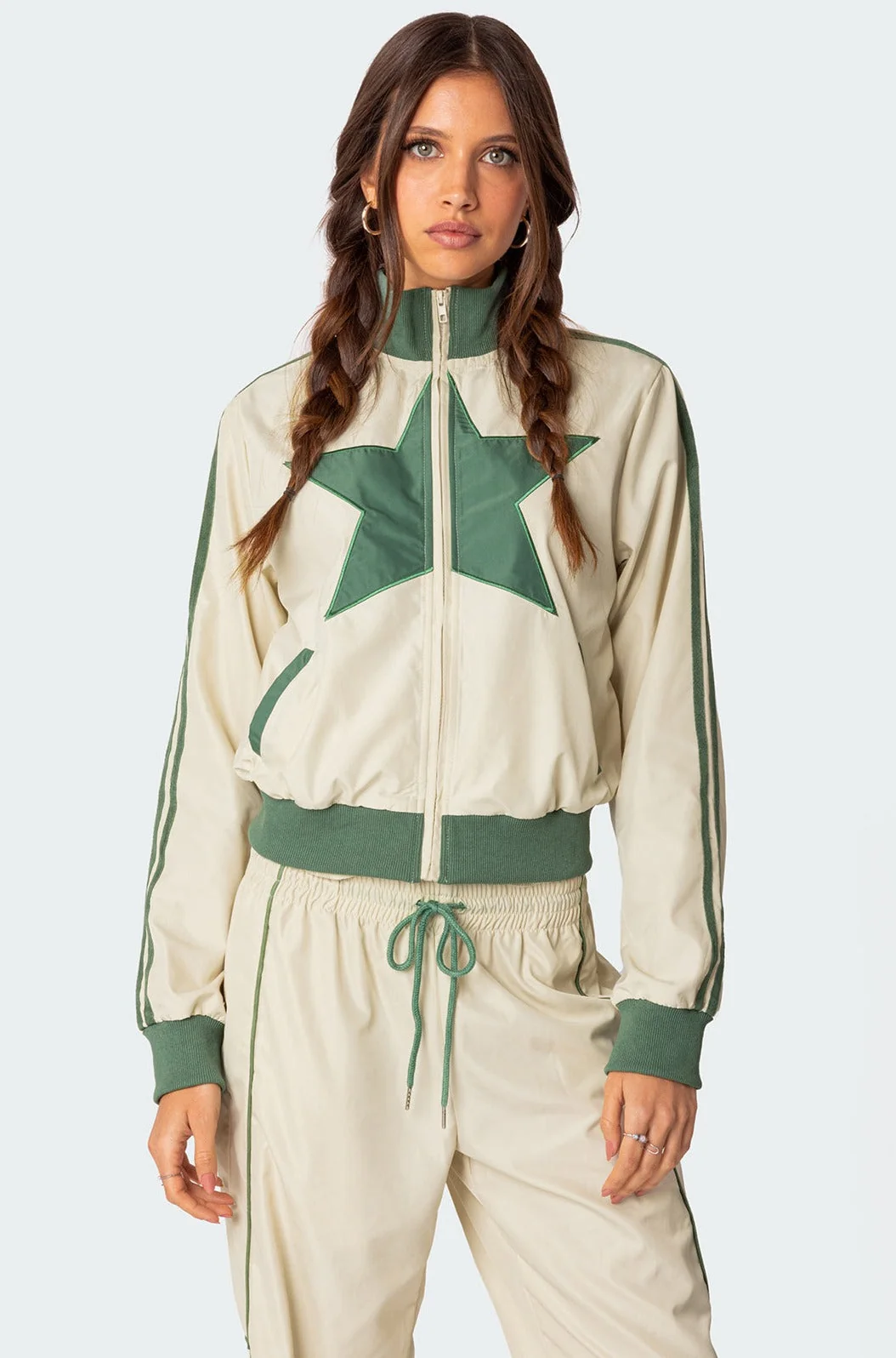 Nylon Zip Front Track Jacket Green and White Set