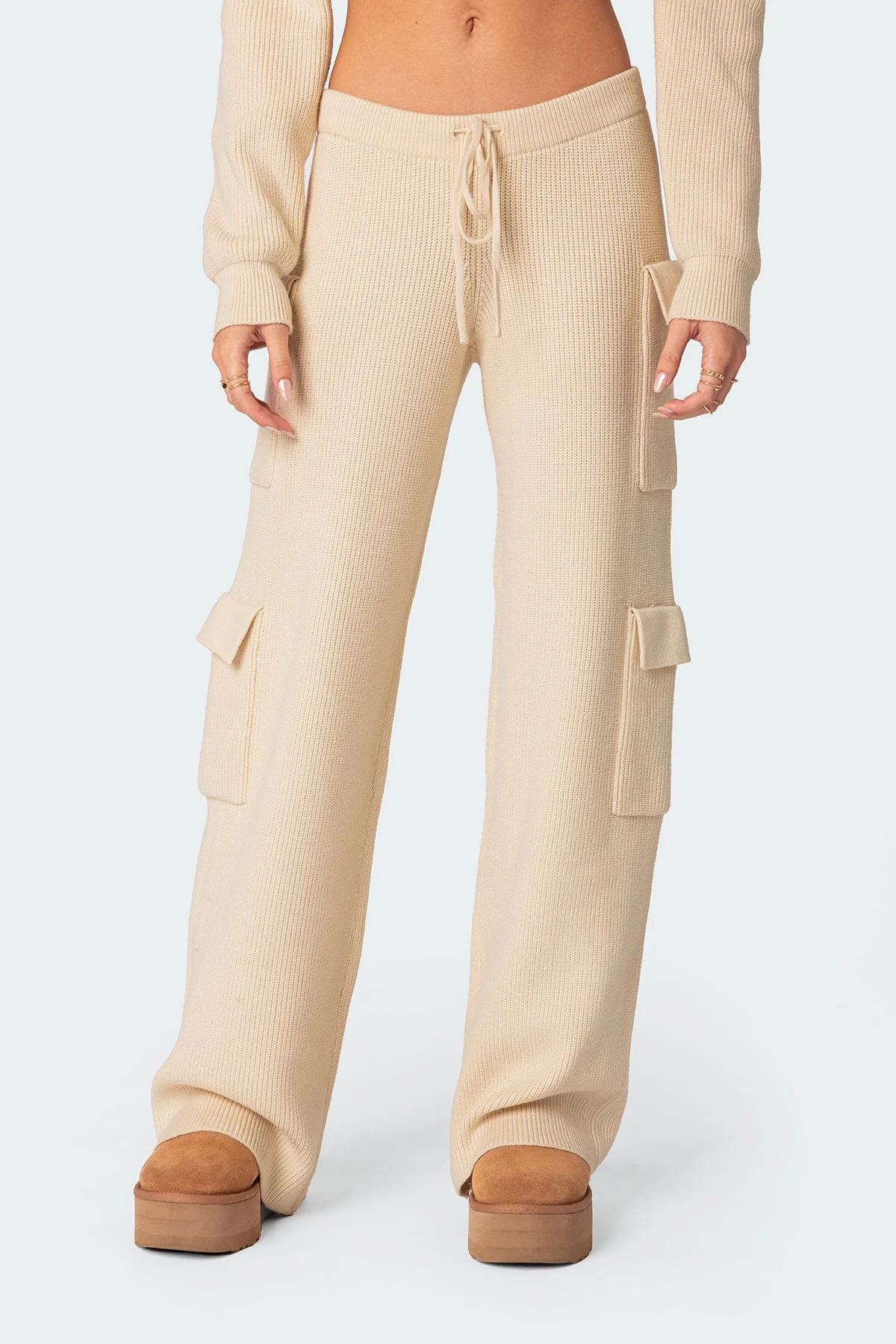 Cream Knit Cargo Pants Set