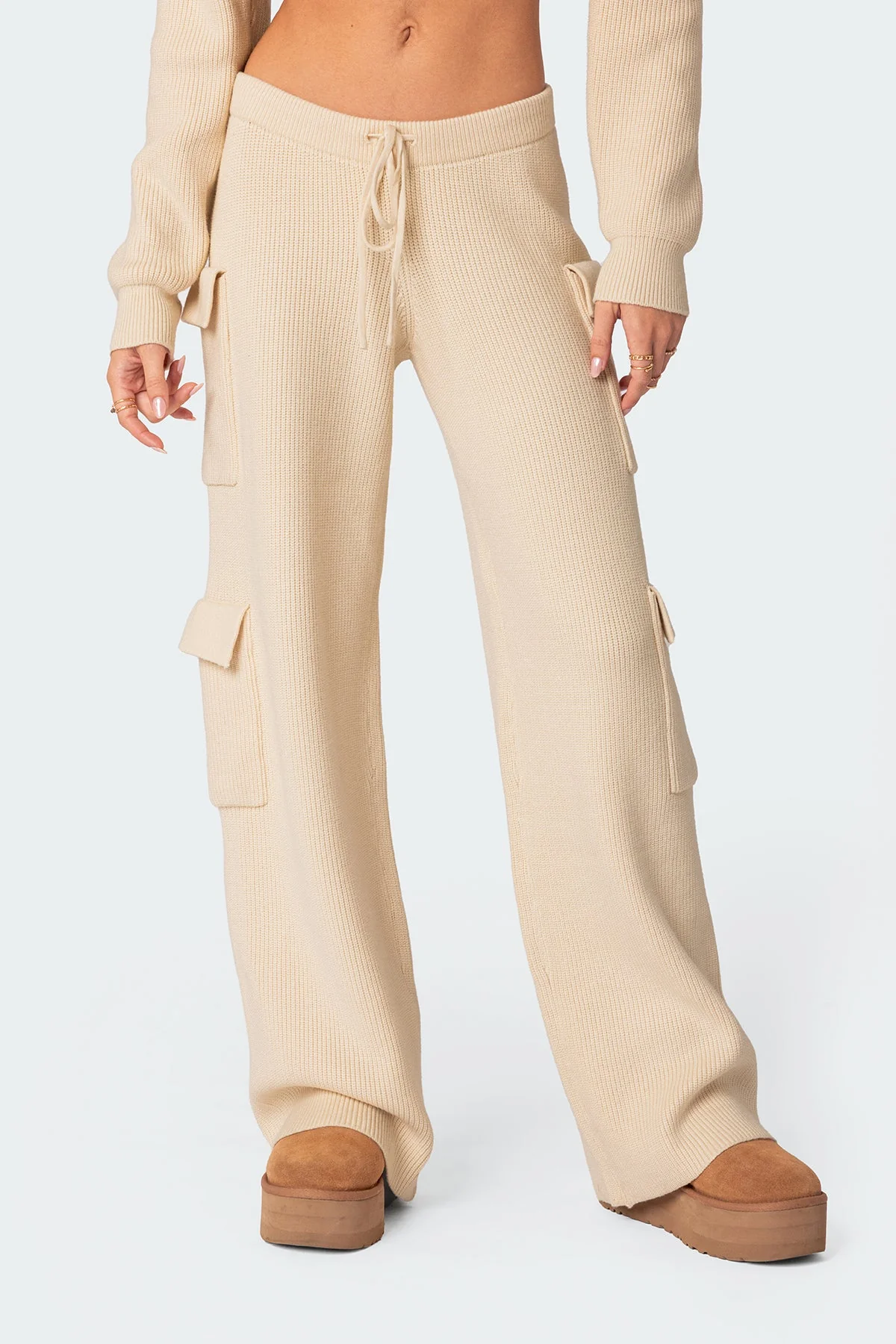 Cream Knit Cargo Pants Set