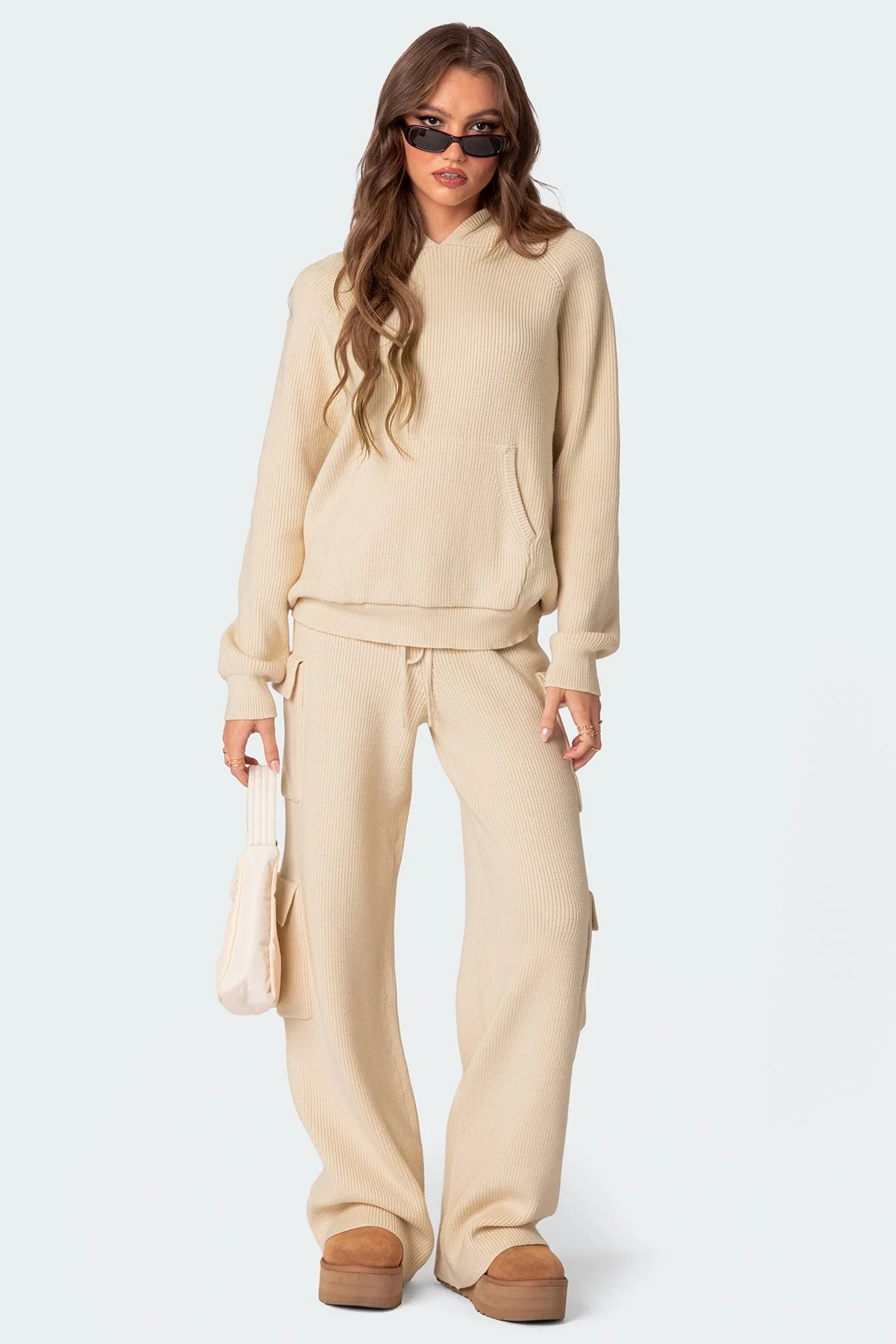 Cream Knit Cargo Pants Set