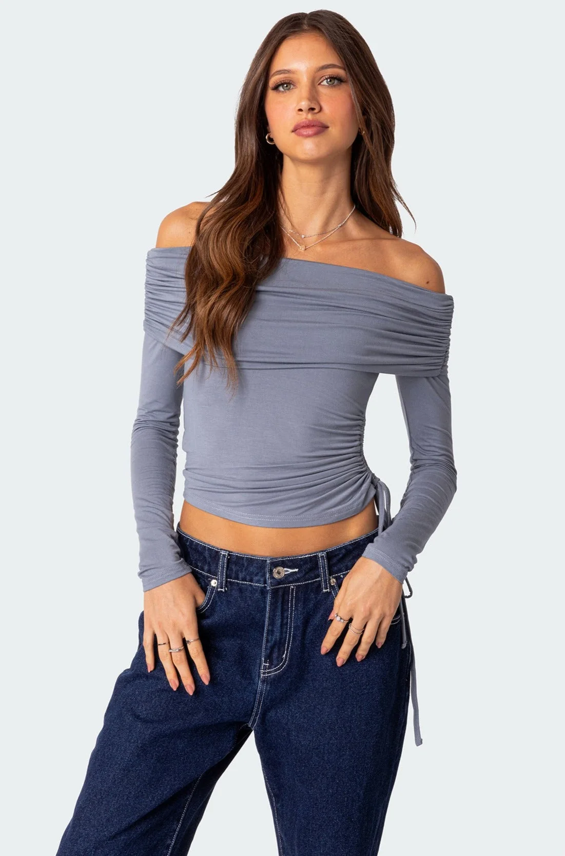 Blue Gathered Drawstring Top - Stylish Casual Wear