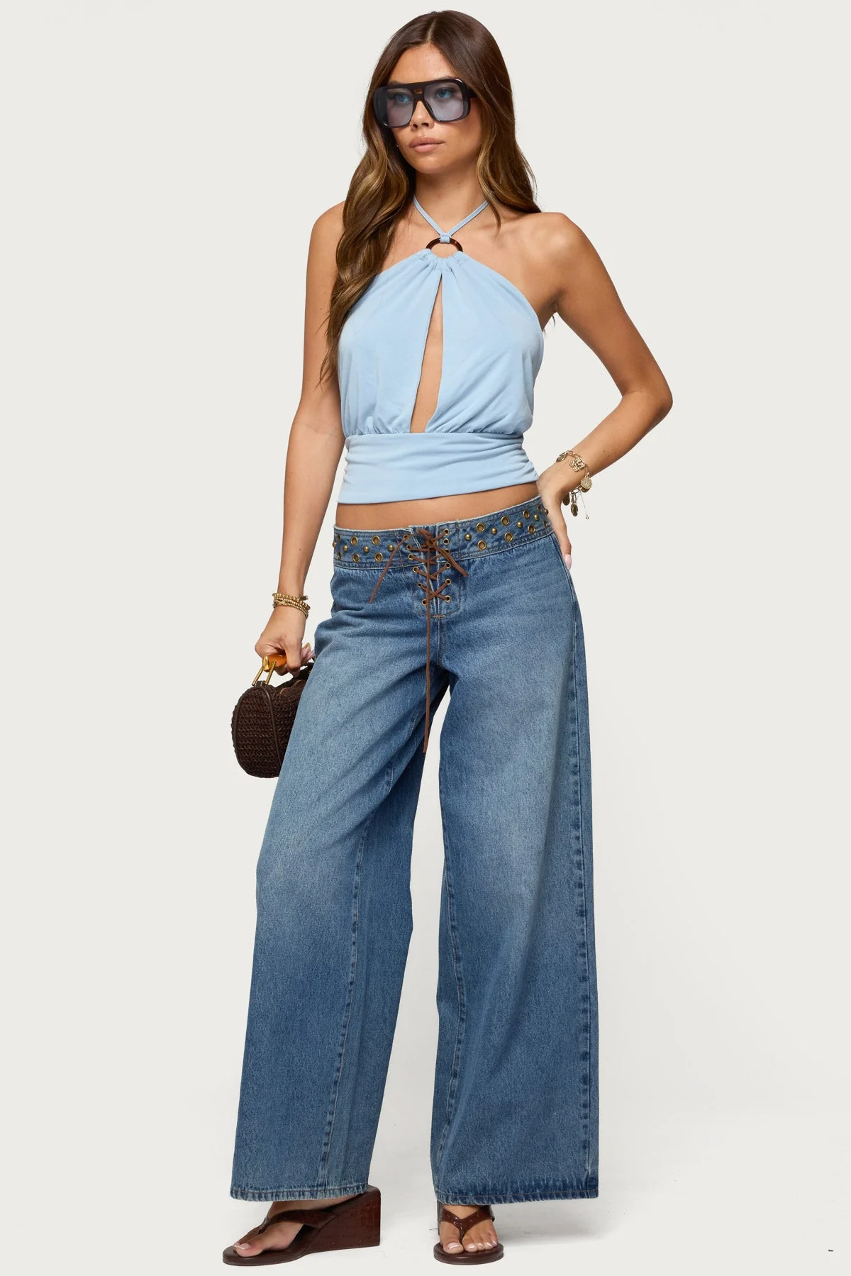 Light Blue Halter Top with Backless Design and Neck Tie