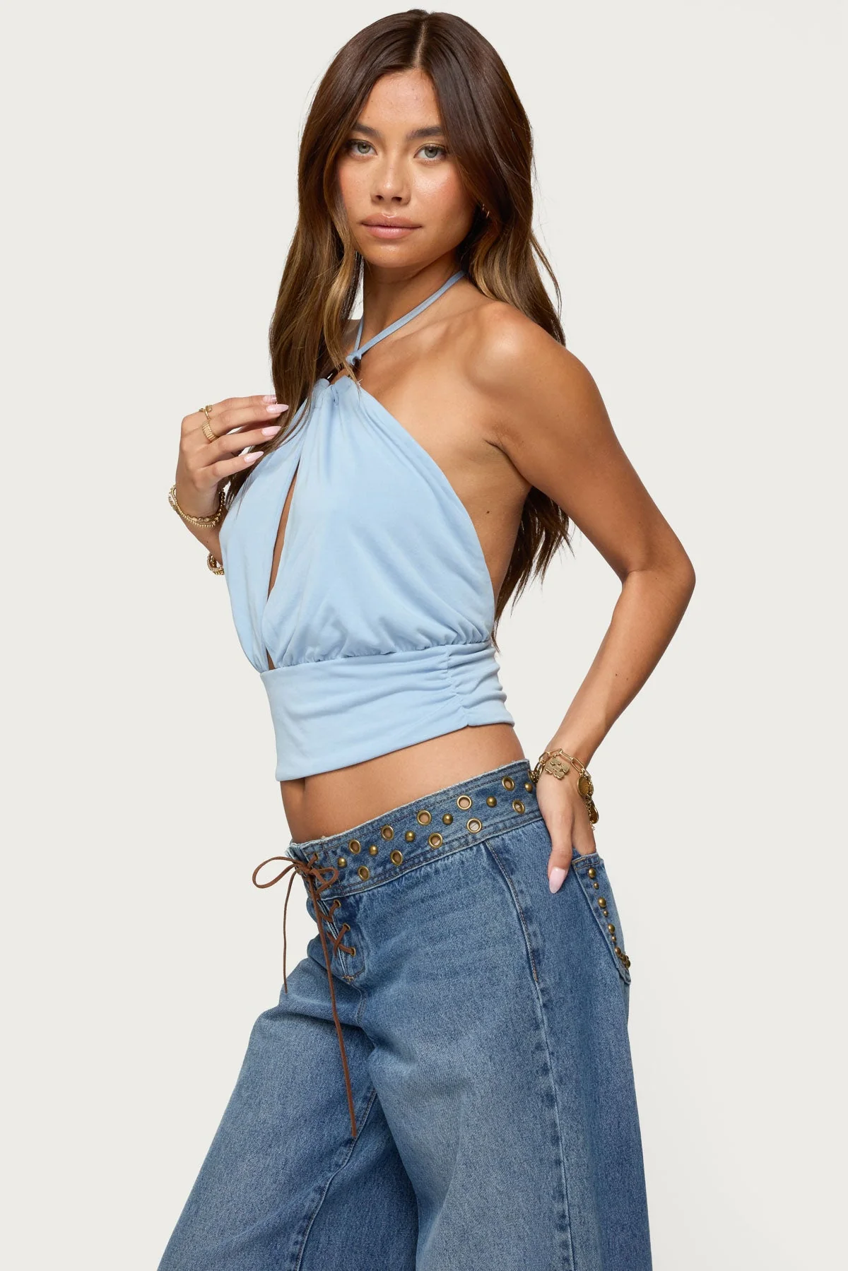 Light Blue Halter Top with Backless Design and Neck Tie