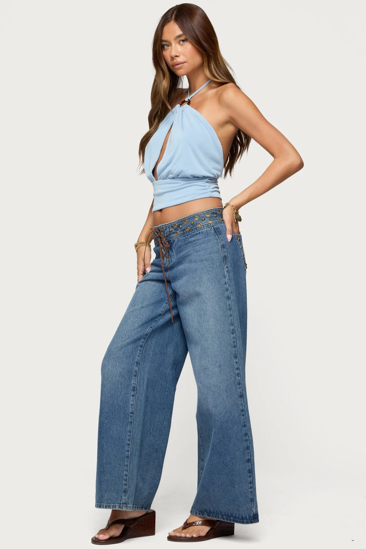 Light Blue Halter Top with Backless Design and Neck Tie