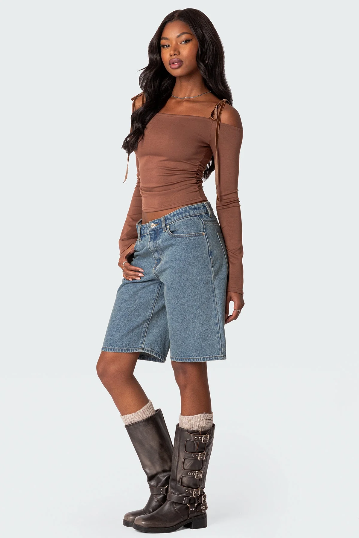 Brown Velvet Off Shoulder Bell Sleeve Top